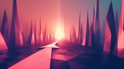 Poster - Futuristic arrow design on a low-poly grid, dynamic geometric shapes, vibrant colors, upward movement, modern digital aesthetics