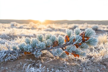 Wall Mural - Frost-covered pine branch with cones at sunrise in a winter landscape.