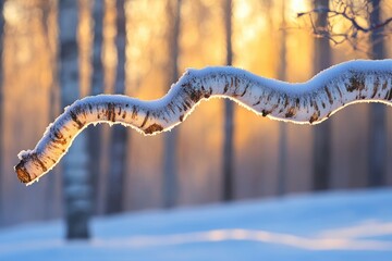 Wall Mural - Frost-covered birch branch curves gracefully against a soft, sunlit winter forest backdrop.