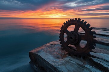 Poster - Rustic gear wheel silhouetted against a vibrant sunset over tranquil ocean waters.