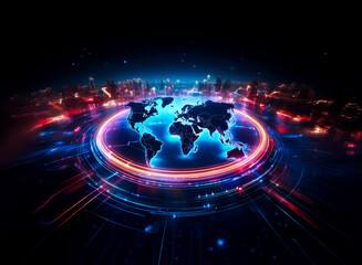 Poster - neon world map with city silhouettes and glowing lines. futuristic and vibrant design circles the gl