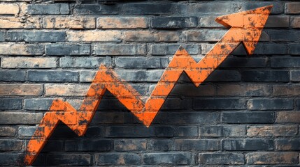 Wall Mural - A close-up of a brick wall with an orange graph arrow moving upwards, representing growth.