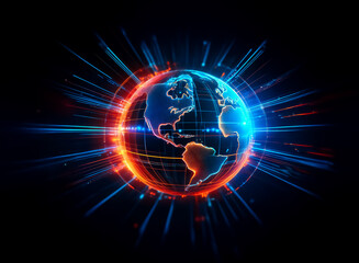 Poster - a digital globe with vibrant blue and orange glows, radiates light beams on a dark background. it ev