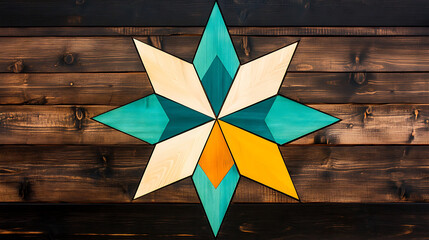 Poster - Wooden Starburst Art Piece with Geometric Patterns on Stained Planks Background