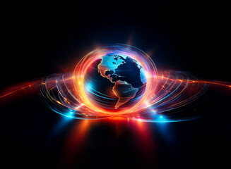 Canvas Print - A glowing globe is at the center, surrounded by dynamic trails of red and blue light on a dark backdrop.  Energy streams emanate from the earth in an abstract and vibrant display.