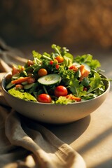 Poster - fresh salad with cherry tomatoes and greens on a rustic table during golden hour