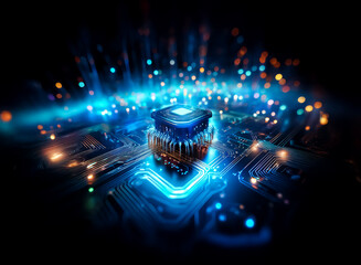 Poster - a glowing microchip sits atop a circuit board, radiating bright blue and orange light against a dark