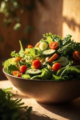 Poster - fresh garden salad featuring mixed greens and colorful vegetables under warm sunlight