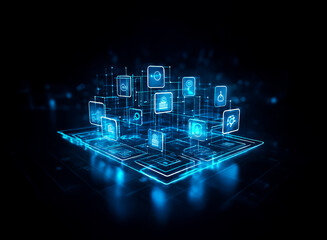 Poster - Glowing blue platform with interconnected digital icons floating in cyberspace. Abstract network concept with illuminated nodes and connections against dark backdrop.