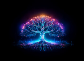 Canvas Print - A luminous tree of vibrant light radiates against a stark black backdrop. Branches and roots glow with ethereal colors, creating a magical, enchanting, and otherworldly scene.