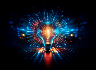 Wall Mural - A luminous light bulb radiates bright beams of blue, orange, and red light on a black backdrop, representing innovation, inspiration, and creative energy.