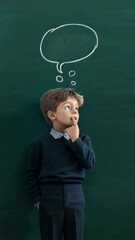 Poster - Pensive schoolboy standing against a chalkboard, gradually erasing a thought bubble above his head in a slow motion sequence, suggesting a shift in thinking or problem solving
