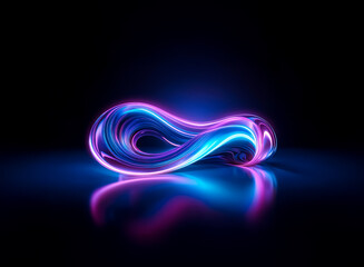 Poster - glowing torus with vibrant blue and pink light on a dark reflective plane. modern abstract digital a