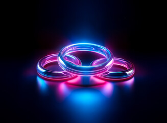 Wall Mural - Three stacked rings brightly glow with neon pink and blue lights, standing out against a black background in a modern, digital art style.