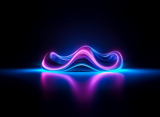 Poster - abstract wavy form made of vibrant blue and pink neon light, reflected on a dark surface. modern and