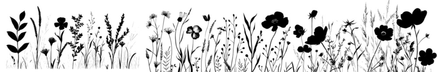 A collection of hand-painted weed plants with brush strokes, featuring grunge-style abstract elements created with ink, showcasing isolated black herbs and flowers on a modern white background