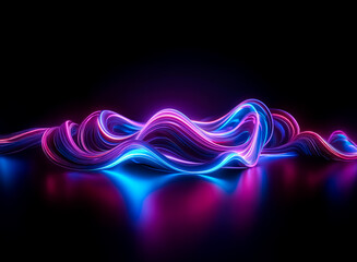 Wall Mural - Wavy, luminous lines in vibrant pink and blue cascade across a dark backdrop, creating a futuristic and dynamic abstract design.