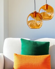 Poster - Modern Urban Lounge Design Vibrant Cushions and Amber Spheres - Social Networking Space for Contemporary Office Interiors and Relaxed Corporate Gatherings