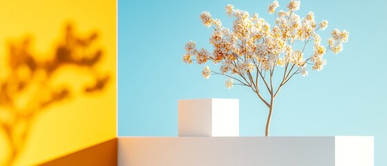 Fototapete - Minimalist Art Display Abstract Blossoming Tree with Geometric Blocks and Bold Colors - Artistic Design Content for Modern Decor and Visual Branding