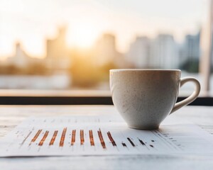 Poster - Modern Workspace Aesthetic Coffee Cup on Financial Graph Printout with Urban Skyline - Enhancing Data-Driven Strategies in Financial Reporting and Business Insights