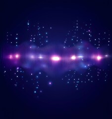 Poster - Abstract vector background with dots in the form of sound waves, a circular gradient effect, and glowing particles on a dark blue-purple color