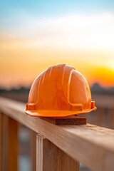 Aufkleber - Sunset Construction Serenity Orange Hard Hat on Wooden Beam - Safety-Focused Site Design and Compliance Showcase for Modern Structural Engineering Visuals