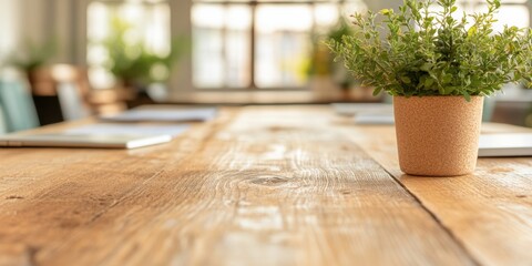 Poster - Rustic Modern Networking Space Wooden Meeting Table with Potted Green Plant - Business Collaboration Decor and Professional Workspace Design for Innovative Environments