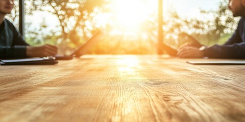 Leinwandbilder - Sunlit Collaborative Workspace Rustic Wooden Table with Diverse Professionals and Tech Devices - Business Networking and Creative Interaction for Modern Enterprises
