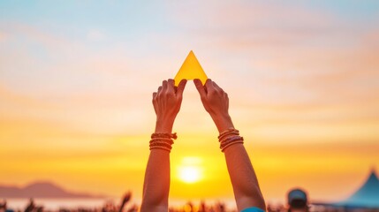 Poster - Sunset-Fused Concert Experience Vibrant Festival Audience with Raised Arms in Light-Washed Stadium - Immersive Event Content and Collective Musical Celebration