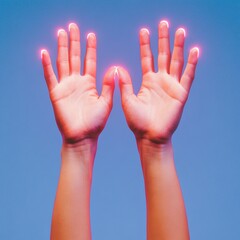 Fototapete - Futuristic Neon-Illuminated Hands Against Minimalist Blue - Interactive Audience Engagement and Digital Event Branding for Modern Business Innovation