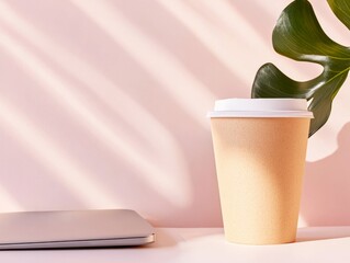 Poster - Minimalist Workspace Essentials Sleek Laptop and Sustainable Coffee Cup on Chic Desk - Enhancing Remote Productivity and Modern Office Design for Tech Innovators