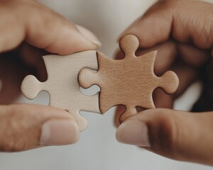 Poster - Tactile Collaboration Visual Varied Skin Tone Hands Fitting Puzzle Pieces - Inclusive Team Dynamics and Integration for Hybrid Workspaces in Corporate Strategy
