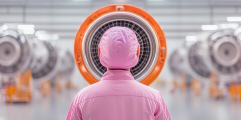 Aufkleber - Aviation Safety Inspection Woman Engineer in Pink Uniform Analyzing Turbine Engine in Hangar - Industrial Precision and Safety Protocols for Aerospace Maintenance