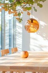 Aufkleber - Modern Scandinavian Office Ambience Warm Wood Table with Pendant Light and Leafy Accents - Creative Workspace Inspiration for Relaxed Professional Environments