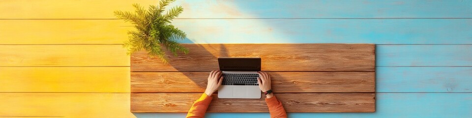 Leinwandbilder - Minimalist Wooden Desk with Modern Laptop and Greenery - Inspiring Professional Workstation for Business Efficiency and Creative Focus in Contemporary Office Design