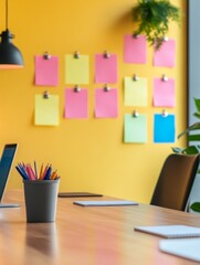 Aufkleber - Vibrant Collaborative Workspace Kanban Board with Colorful Sticky Notes and Digital Devices - Agile Workflow Visualization for Modern Corporate Efficiency