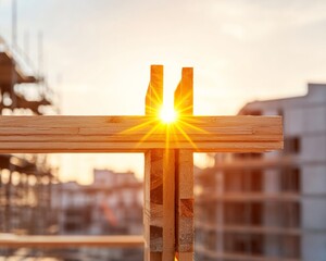 Aufkleber - Sunlit Urban Construction Innovative Wooden Framework Against City Skyline - Sustainable Building Solutions and Modern Architectural Trends
