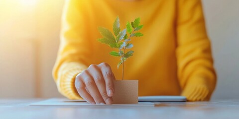 Poster - Eco-Conscious Office Decor Hand Holding a Small Sapling on Minimalist Desk - Sustainability in Modern Workspaces and Green Branding Strategies