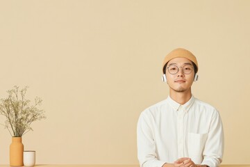 Poster - Minimalist Remote Workstation Tech-Savvy Professional with Adaptive Desk and Specialized Earbuds - Modern Gig Economy and Digital Business Solutions