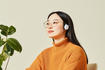Poster - Adaptive Workspace Design Korean Freelancer with Cochlear Implants at Minimalist Desk with Smart Earbuds - Remote Work Innovation and Digital Accessibility Solutions