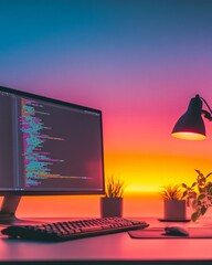 Aufkleber - Neon Gradient Coding Interface Sleek Developer Desk with Code Monitor and Devices - Innovative Tech Workspace and Digital Product Design for Cutting-Edge Software Solutions