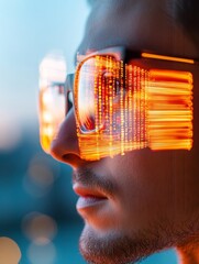 Aufkleber - Dynamic Holographic Display Young Professional Using Futuristic Smart Glasses for Advanced Data Interface in Tech Workspace - Cutting-Edge Digital Tools and Business Analytics