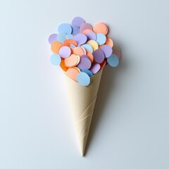 Poster - Artistic paper craft ice cream cone filled with colorful pastel confetti, perfect for celebratory designs, party invitations, and cheerful spring themes on white background
