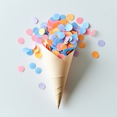 Poster - A festive cone filled with colorful confetti, creating a vibrant and celebratory atmosphere, perfect for birthdays and special occasions, against a neutral background.