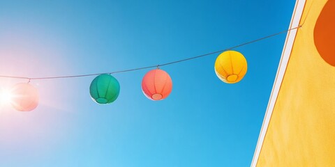 Poster - Vibrant Lantern Display Colorful Festive Overhead Installation Against Clear Blue Sky - Urban Event Decor and Visual Impact for Community Celebrations