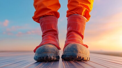 Poster - Vibrant Functional Workwear Durable Orange Boots on Reflective Solar Panel Surface - Solar Industry Innovation and Safety Equipment Marketing Visual
