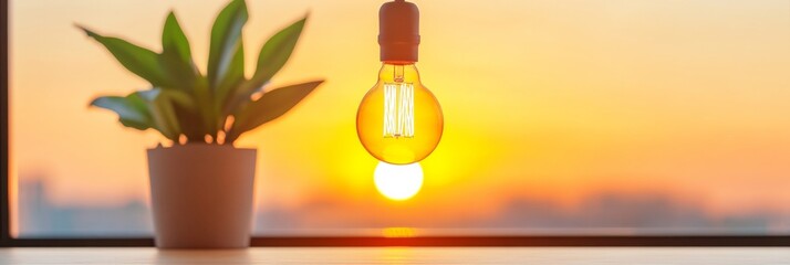 Aufkleber - Zen-Inspired Smart Office Setup Glass Bulb with Sunset Glow Against Minimalist Backdrop - Innovative Workplace Design and Energy Efficiency Solutions for Modern Professionals
