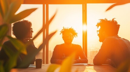 Poster - Sunlit Collaborative Workspace Casual Team Discussion with Coffee in Modern Office - Enhancing Creative Processes for Digital Innovation and Remote Work Culture