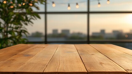 Poster - Ambient Dining Space Rustic Wooden Table with Bokeh String Lights and Brick Wall - Hospitality Venue Content and Inviting Atmosphere for Modern Restaurants
