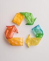 Poster - Vibrant Recycled Plastic Art Geometric Arrangement of Colorful Containers on White - Engaging Environmental Education and Circular Economy Awareness